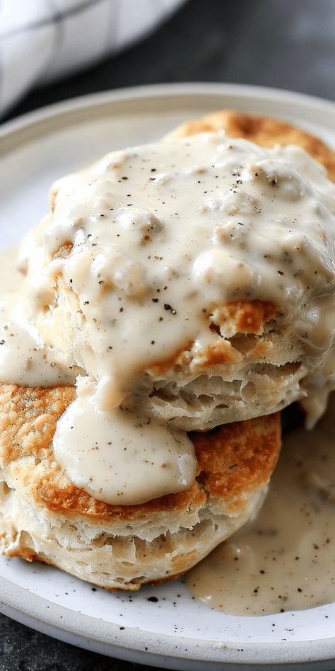 Southern-Style Biscuits & Sausage Gravy [40 Minutes] – Chasety Biscuits And Gravy With Bacon, Biscuits And Gravy Aesthetics, Biscuit And Sausage Gravy, Southern Breakfast Aesthetic, Buiscits And Gravy Sausage, What To Serve With Biscuits, Fluffy Homemade Biscuits, Southern Biscuits And Gravy, Jalapeno Cheddar Biscuits