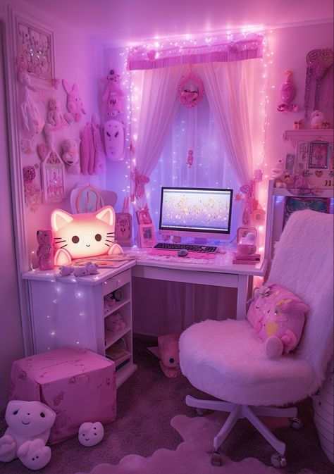 Pink Computer Setup, Cottagecore Chic, Pink Computer, Kawaii Room Ideas, Nice Rooms, Bedroom Furniture Ideas, Kawaii Bedroom, Bedroom Pink, Cool Dorm Rooms