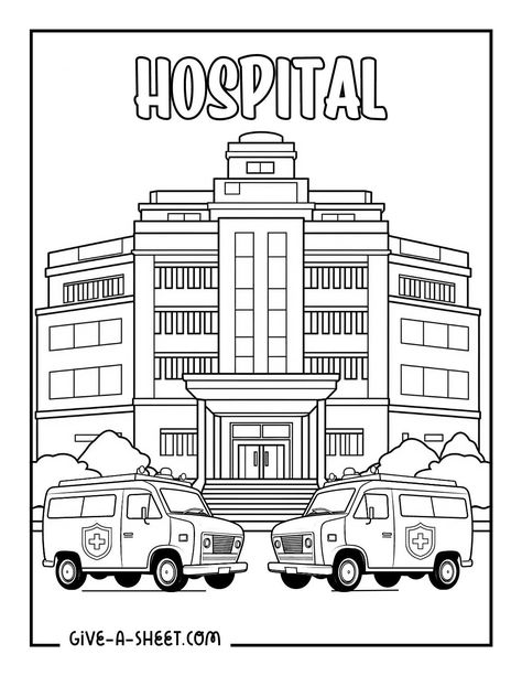 Hospital Art Drawing, Hospital Coloring Page, Hospital Drawing Easy, Hospital Building Drawing, Hospital Sketch Drawings, Hospital Drawing, Hospital Art, Art Ideas For Teens, Diy Doctor