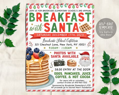 Santa Breakfast Ideas, School Breakfast With Santa Ideas, Breakfast With Santa Fundraiser, Kids Christmas Brunch, Breakfast With Santa Ideas Events, Breakfast With Santa Ideas, Christmas Breakfast Party, Pancakes With Santa, Christmas Brunch Party