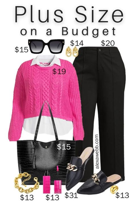 Plus Size on a Budget – Pink Sweater Work Outfit - Alexa Webb Sweater Work Outfit, Plus Size On A Budget, Curvy Winter Outfits, Plus Size Business Casual, Pink Sweater Outfit, Plus Size Spring Dresses, Business Casual Outfits Winter, Body Positive Fashion, Alexa Webb