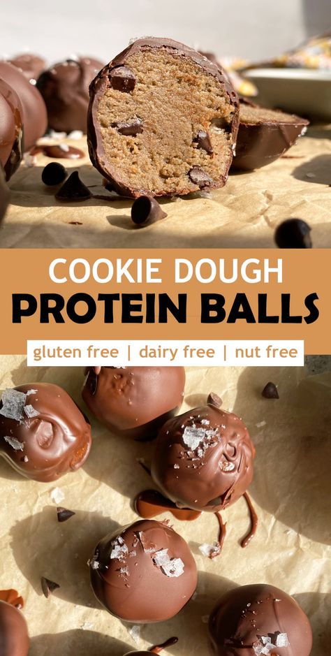 These vegan cookie dough protein balls are made with pea protein and sunflower seed butter, then dipped in dark chocolate. This healthy protein ball recipe is nut free, grain free (no oats) and paleo friendly. #proteinballs #cookiedough #proteinbites #veganrecipes #nobake Paleo Protein Balls, Cookie Dough Protein Balls, Low Carb Cookie, Low Carb Cookie Dough, Chocolate Protein Balls, Cookie Dough Protein, Protein Balls Healthy, Nut Free Snacks, High Protein Cookies