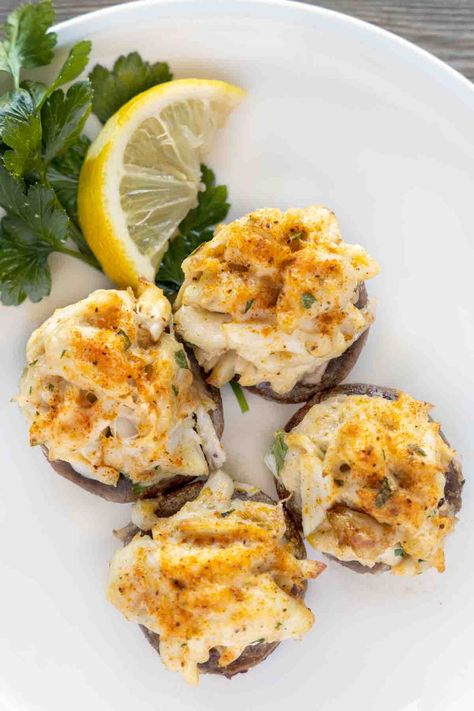 One bite of my Crab Stuffed Mushrooms, stuffed with rich and delicious crab imperial and you'll agree that these delicious bites of heaven are definitely Stuffed Crab Recipe, Shrimp And Mushrooms, Seafood Stuffed Mushrooms, Stuffed Crab, Stuffed Lobster, Shrimp Stuffed Mushrooms, Crab Imperial, Mushrooms Stuffed, Crab Recipe