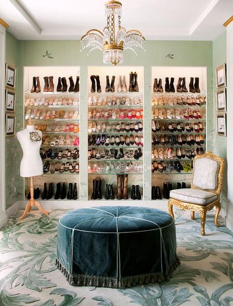 French walk-in closet features a brass and crystal chandelier illuminating a round blue French ottoman with tassel trim. Turn Room Into Walk In Closet, Diy Walk In Closet, Dressing Room Closet, Dream Closet Design, Closet Decor, Dream Closets, Glam Room, Versace Home, غرفة ملابس