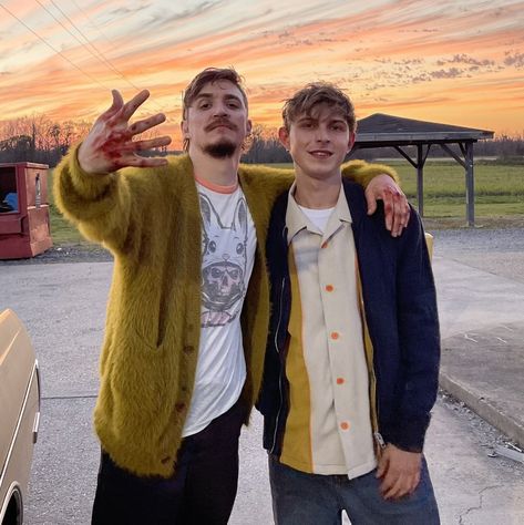 kyle gallner (benson) and johnny berchtold (randolph 'randy' bradley) behind the scenes of "the passenger" (2023) The Passengers Movie, Kyle Gallner The Passenger, Benson The Passenger, The Passenger 2023, Kyle Gallner Dinner In America, Kyle Gallner 2000s, Johnny Berchtold, Alice Cooper Riverdale, Grape Emoji