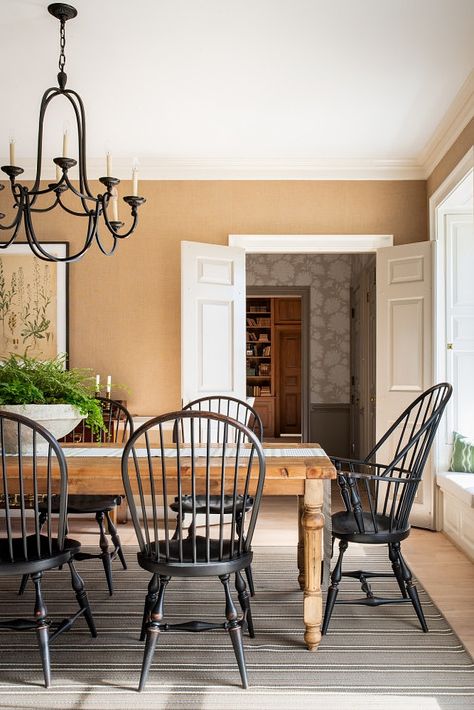 Long Farm Table, Burlap Wallpaper, Elegant Farmhouse, Windsor Chairs, Timeless Interiors, Unique Interior Design, Windsor Chair, Farmhouse Dining Room, French Country Style