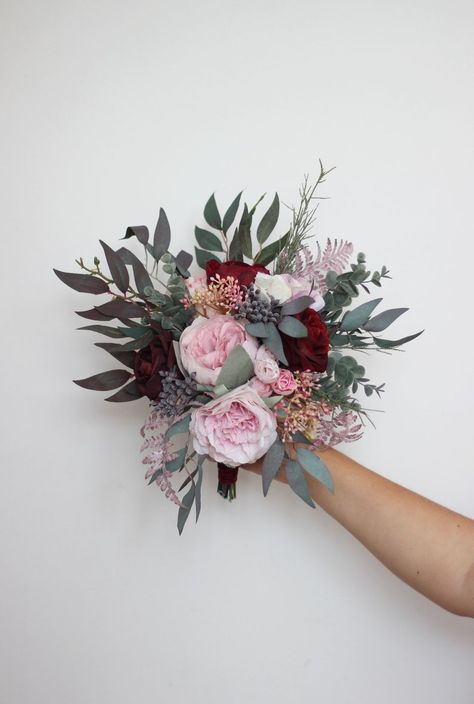 Burgundy Wedding Pink Peonies Red Roses Bouquet Bridesmaid - Etsy Canada Peonies Red, Bridesmaid Hair Flowers, Red Roses Bouquet, Fall Wedding Bouquet, Bridal Hair Wreath, Baby Flower Crown, Pink Flower Crown, Bouquet Bridesmaid, Floral Comb