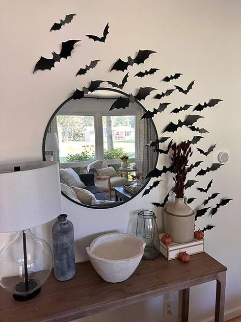 Bats On Window Decor, Bats Around Mirror, Bats Around Tv, Halloween Bats On Wall, Bat Decorations On Wall, Halloween Entry Table, Halloween Home Decor Ideas, Mantle Design, Fall House