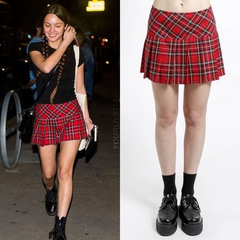 How To Style A Red Plaid Skirt, Red Platform Boots Outfit, Red Check Skirt Outfit, Olivia Rodrigo Boots, Red Plaid Mini Skirt Outfit, Plaid Red Skirt Outfit, Olivia Rodrigo Skirt, Olivia Rodrigo Plaid, Pleated Plaid Skirt Outfit