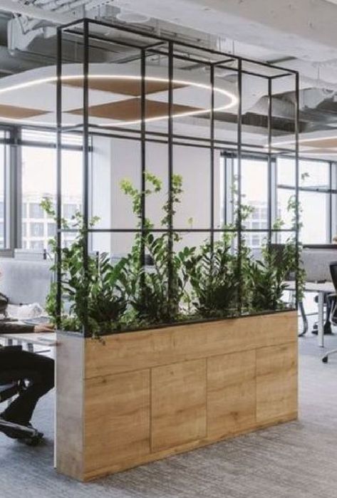 Partitions For Office Work Spaces, Partition With Plants, Plant Divider Wall, Plant Wall Divider, Plant Partition, Restaurant Planters, Office Greenery, Presentation Furniture Design, Plant Troughs