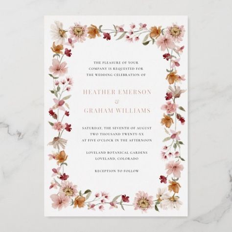 Rustic Floral Wedding Foil Invitation Fall Wildflower Wedding, Rustic Floral Wedding, Boho Bridal Shower Invitations, Wildflower Wedding Invitations, Enchanting Wedding, Gold Foil Wedding Invitations, Watercolor Wildflowers, Pink Dusty, Floral Save The Dates