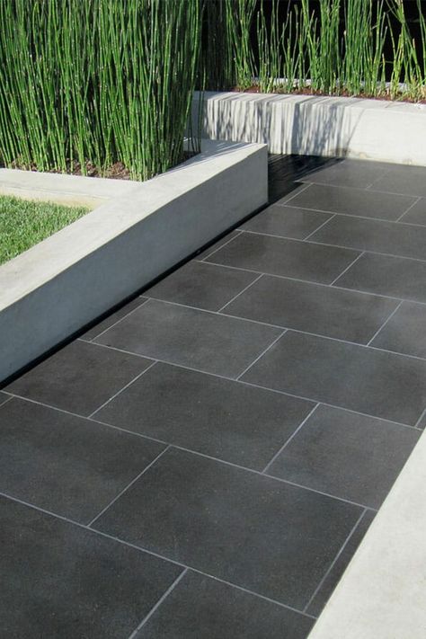 Black Patio Tiles Outdoor Flooring, Charcoal Pavers Outdoor, Bluestone Pavers Walkways, Outdoor Patio Flooring Ideas Stones, Outside Tiles Outdoor Spaces, Black Pavers Patio, Black Patio Floor, Carport Floor Ideas, Garage Tiles Ideas Outdoor