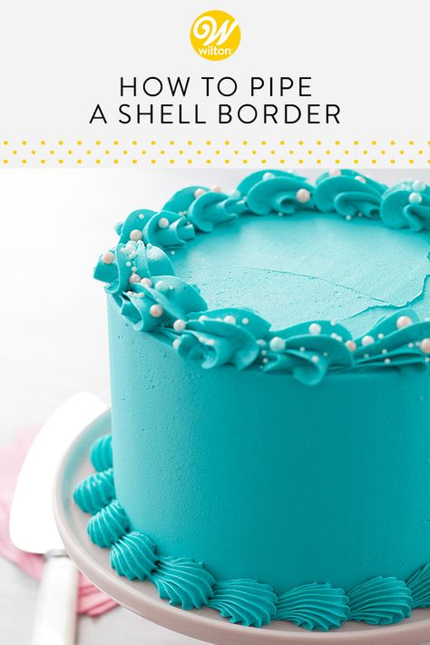 If you’re looking for a fun, beginner piping technique you can use to decorate cakes, cookies and more, look no further than the shell! Piped using a standard star tip, this decoration is great for adding a border to the top or bottom of your cake. We’re using tip 1M and 21 tip, but you can pipe a shell with any star tip you have on hand. #wiltoncakes #cakes #cakedecorating #cakeideas #caketrends #buttercreamcake #buttercreamfrosting #pipingtechniques #homemade #baking #classic #favorite #easy Piping Around Bottom Of Cake, Piped Icing Cake, Shell Boarder Cake, Shell Piping Tip, Cake Bottom Borders, Closed Star Piping Tip, Cake Edging Piping, Piping On Top Of Cake, Cake Borders Piping Techniques