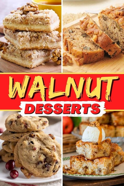 These walnut desserts are full of wonderful nutty flavor. From brownies to cakes to cookies, these treats make walnuts shine. Desserts With Walnuts Baking, Walnut Baked Goods, Dessert With Walnuts Recipe, Walnut Cookies Recipes Easy, Recipes Using Walnuts Baking, Desserts With Walnuts Recipes, Walnut Recipes Dessert Easy, Walnut Bars Recipes, Recipes With Walnuts In It