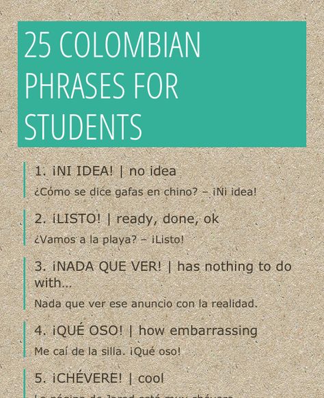 Basic Spanish Phrases from Colombia for Students Infographic Basic Spanish Phrases, Colombian Slang, Spanish Slang Words, Colombian Spanish, Spanish Slang, Basic Spanish, Slang Phrases, Spanish Curriculum, Spanish Basics