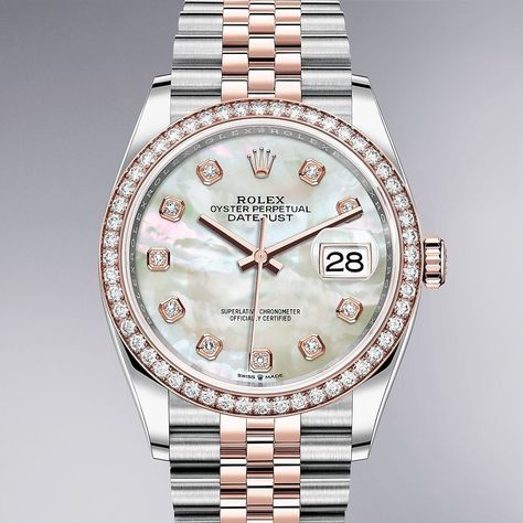 The classic watch of reference. The Rolex Datejust 36 in Oystersteel, Everose gold and diamonds, 36 mm case, white mother-of-pearl set with diamonds dial, a Jubilee bracelet. #Rolex #Datejust #BrockhausJewelry #OfficialRolexRetailer Arm Candies, Trendy Watches, Classic Watches, Pearl Set, Rolex Datejust, Arm Candy, Rolex Watches, Luxury Watches, Mother Of Pearl