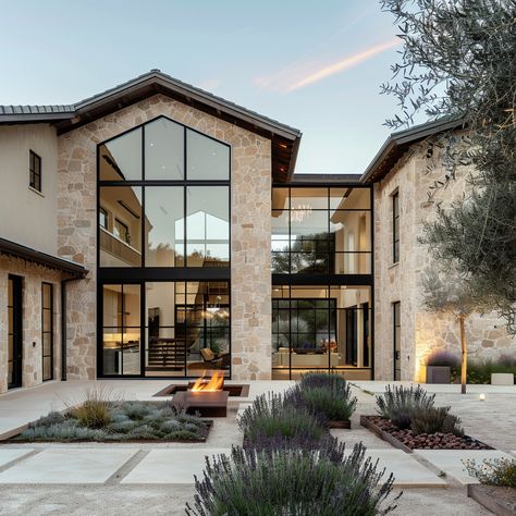 Modern Cotswold House, Organic Modern House Exterior, Summer Home Exterior, 2 Story House Exterior, Modern Texas Home, Modern Mediterranean Homes Exterior, Brick And Stone House, Harmony Interior Design, Modern Transitional Exterior