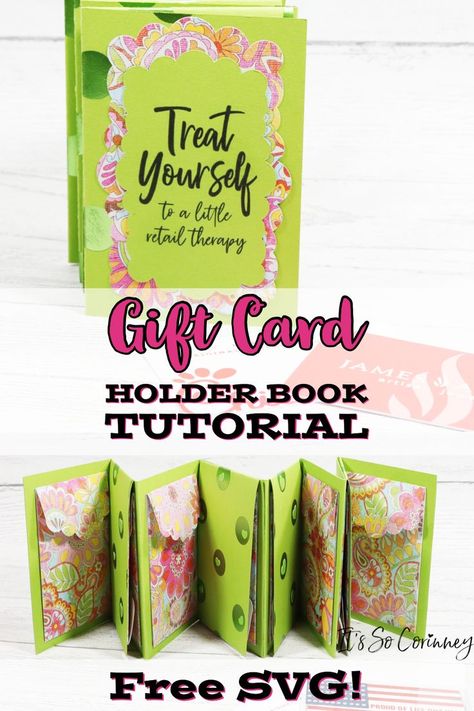 Looking for a cute way to give multiple gift cards as a gift? Then check out this easy to make DIY gift card holder book tutorial and free SVGs! This cute gift card holder book is a unique way to dress up giving gift cards! #cricut #homemade #crafts Gift Card Wallet Diy, Gift Card Envelope Design, Gift Card Booklet Ideas, Diy Gift Card Holder Ideas Paper Crafts, Gift Card Booklet Diy, Giftcard Present Book, Photo Album Gift Card Ideas, Gift Card Album Mini Books, Gift Card Photo Album Ideas