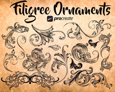 Filigree Outline, Procreate Tattoo Brushes, Scroll Tattoos, Procreate Tattoo, Filigree Tattoo, Ornament Drawing, Procreate Stamps, Creepy Tattoos, Just Ink