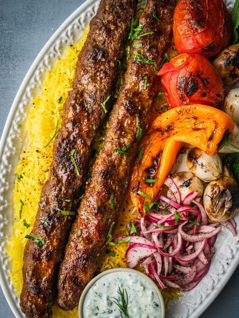 Kabob Koobideh (Persian Beef Kebab Recipe) - Urban Farm and Kitchen Kabob Rice Recipe, Persian Beef Kabob, Ground Beef Kebab, Mediterranean Kebab Recipes, Middle Eastern Kebab Recipes, Greek Kebab Recipes, Persian Beef Recipes, Best Kebab Recipes, Kofta Side Dishes