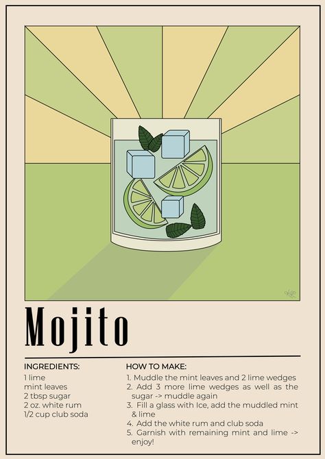 Mojito RecipeillustratedIllustrationartposterdrinkdrawingcanvahow to makeingredientskitchenCocktailalcohol Alcohol Art Drinking, Ingredients Poster Design, Drink Poster Illustration, Alcohol Drink Drawing, Drink Recipe Illustration, Drink Recipe Poster, Cocktail Illustration Art, Drink Art Illustration, Alcohol Poster Design