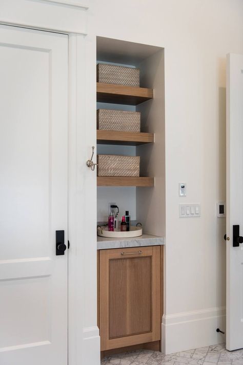 Efficient Small Bathroom, Linen Cabinet In Bathroom Built Ins, Small Closet In Bathroom, Closet In Bathroom, Bathroom Closet Organization Ideas, Bathroom Linen Closet, Bathroom Closet Organization, Bathroom Cabinets Designs, Closet And Bathroom