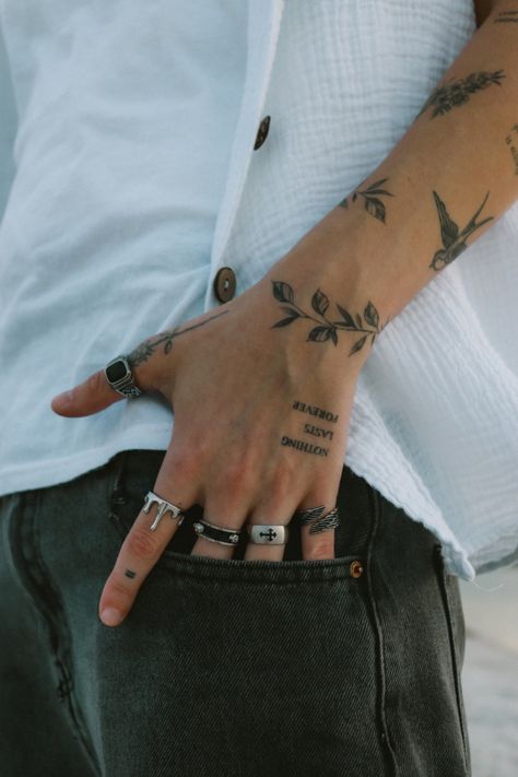 Rings
Jewelry 
Vine tattoo
Patchwork
Patch sleeve
Hand tattoo
Drip ring
Cross ring Tato Lengan Bawah, Wrap Around Tattoo, Tatuagem Masculina Pequena, Simple Tattoos For Guys, Wrap Tattoo, Small Forearm Tattoos, Tato Lengan, Muster Tattoos, Small Arm Tattoos