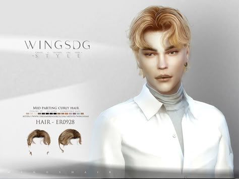 The Sims Resource - WINGS-ER0928-Mid parting curly hair Sims 4 Cc Hair Male Curly Short, Parting Curly Hair, Sims 4 Cc Male Hair Curly, Hair Ts4, Fluffy Curly Hair, Ts4 Hair, Male Hairstyles, Sims 4 Tsr, Mod Hair