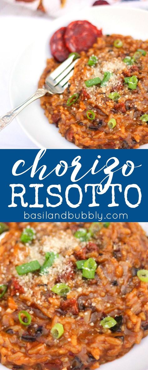 Chorizo Risotto recipe -- super unique Spanish inspired comfort food for your tapas party or a regular weeknight dinner. Chorizo Risotto, Filet Mignon Chorizo, Tapas Party, Chorizo Recipes, Tapas Recipes, Risotto Recipe, Risotto Recipes, Minced Meat, Entree Recipes