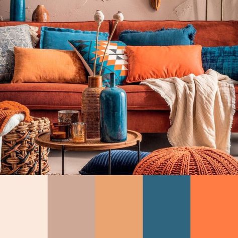 Pallet Bed Frame Black Bed Frame Blue And Orange Living Room, Burnt Orange Living Room, Teal Living Rooms, Bed Design Ideas, Orange Rooms, Living Room Orange, Bed Design Modern, Luxury Bed, Room Color Schemes