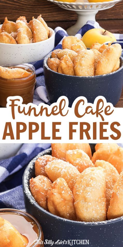 Funnel Cake Apple Fries, Dessert French Fries, Apple Pie Funnel Cake, Funnel Cake Cake, Funnel Cake Desserts, Fast And Easy Sweet Treats, Funnel Cake Dipping Sauce, Diy Funnel Cake Pancake Batter, Funnel Cake Toppings Ideas Fair Foods