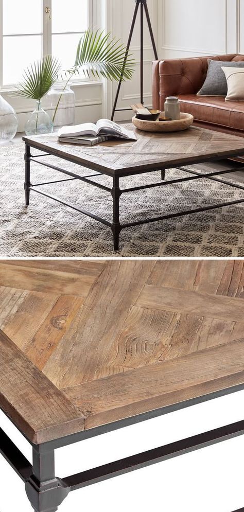 Square Reclaimed Coffee Table: Pieces of reclaimed wood form a richly grained mosaic on this Parquet Coffee Table. Bold in scale and rich in character, it makes a dramatic backdrop for entertaining and display. A bronzed metal base with two thick stretchers lends industrial appeal to the design. #reclaimedwood #reclaimedwoodcoffeetable #rusticcoffeetable #rustic Reclaimed Wood Tables, Reclaimed Coffee Table, Table Pieces, Rustic Bedroom Furniture, Cabin Furniture, Reclaimed Wood Table, Reclaimed Wood Coffee Table, Western Furniture, Log Furniture