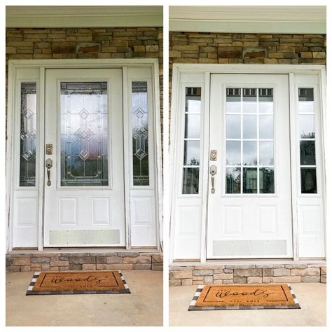 Off Center Front Door Exterior, Outdated Front Door Makeover, How To Replace Glass In Front Door, Front Door Glass Insert Makeover Diy, Changing Out Glass In Front Door, Updating Front Door Glass Insert, Beveled Glass Doors Front Entry, Update Front Door Sidelights, Front Doors For Colonial Homes