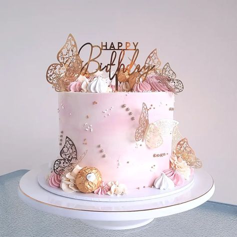 Pink And Gold Cake Butterfly, Birthday Cakes With Butterflies, Pink And Gold Butterfly Cake, Pink Butterfly Birthday Cake, Pastel Butterfly Cake, Butterfly Cake Design, Gold Butterfly Cake, Pink Butterfly Cake, Cake With Butterflies