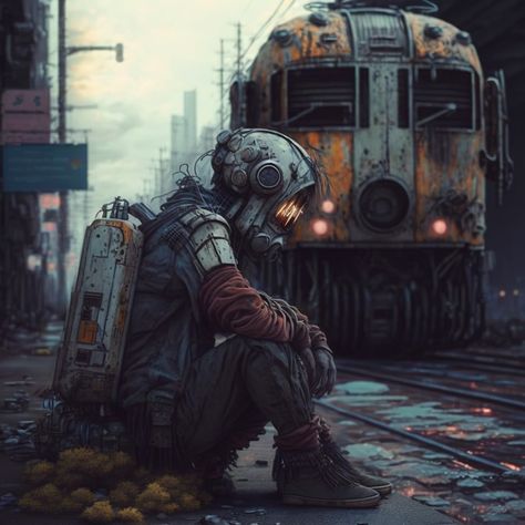 Scrappunk Aesthetic, Dystopian Painting Ideas, Robot Apocalypse Aesthetic, Cyberpunk Steampunk Aesthetic, Dark Dystopian Art, Cyberpunk World Art, Dystopian Art People, Apocoliptic Art, Lethal Company Art