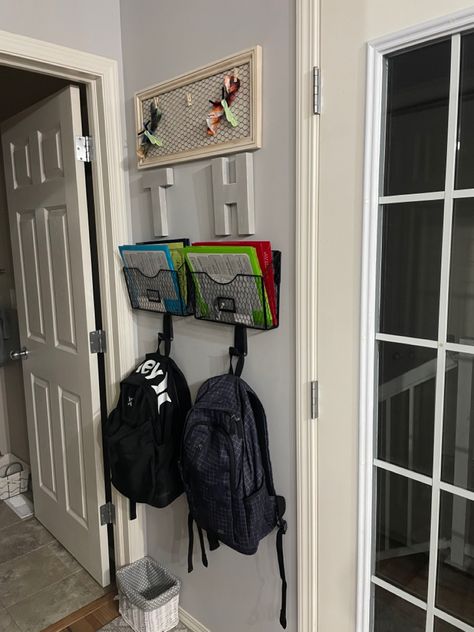 Backpack Hooks Entryway Small Spaces, Backpack Command Center, School Bag Hanging Ideas, Work Bag Storage At Home, Bookbag Hooks Entryway, Kitchen Backpack Station, Book Bag Station At Home, Backpack Rack Entryway, Backpack Corner At Home