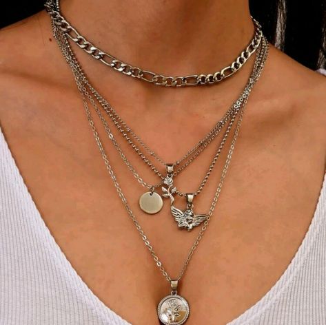 Silver Color Iron 14.2in - 23.6 In Silver Chains For Women, Silver Layered Necklaces, Chunky Silver Jewellery, Silver Bracelet Stack, Gold Silver Jewelry, Necklace Combo, Layered Necklaces Silver, Bold Necklace, Stacked Necklaces