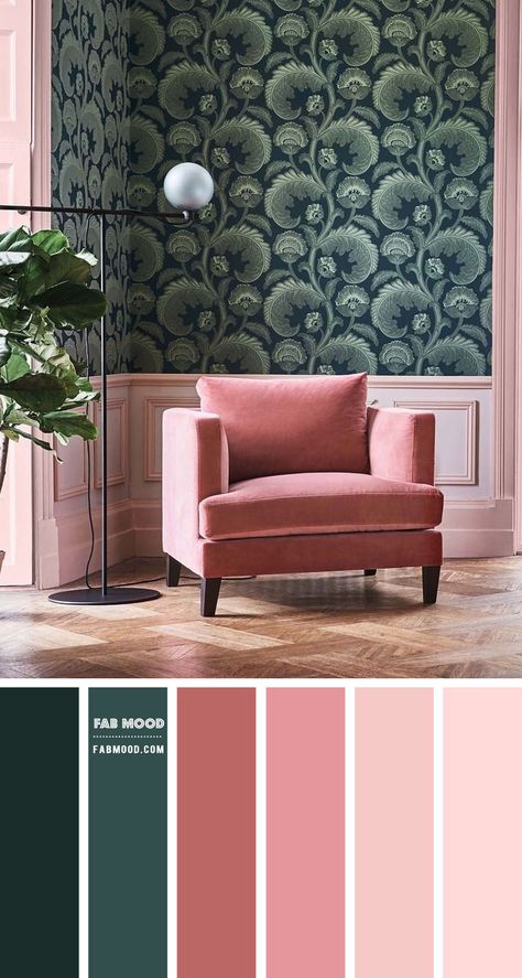 Green and Pink Colour Scheme for Living Room. This pastel pink living room combines pine green wallpaper, cinnamon rose color combination Neutral Living Room Colors, Green Sofa Living, Deco Rose, Pink Color Schemes, Pink Living Room, Living Room Color Schemes, Color Palette Pink, Bilik Tidur, Room Color Schemes