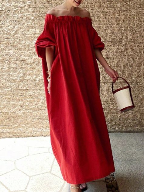 Red Casual Collar Short Sleeve Woven Fabric Plain Tunic Embellished Slight Stretch  Women Clothing Loose Fit Jumpsuit, Streetwear Dress, How To Fold Sleeves, Spring Maxi Dress, Leisure Fashion, Vacation Wear, England Fashion, Loose Fitting Dresses, Maxi Dress Evening