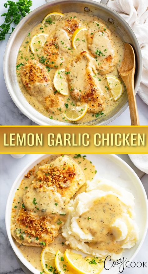 This Lemon Garlic Chicken recipe has the BEST sauce that's infused with fresh lemons, garlic, Parmesan, seasonings, and a hint of cream. This is an easy dinner to serve with mashed potatoes, with plenty of sauce to go around! Lemon Garlic Chicken Healthy, Chicken Pasta Lemon Cream Sauce, Spicy Lemon Garlic Chicken, Lemon Cream Chicken Recipe, Longhorn Lemon Garlic Chicken, Chicken And Potatoes With Garlic Parmesan Cream Sauce, Deboned Chicken Thigh Recipes, Chicken Recipes With Lemon, Chicken Lemon Cream Sauce