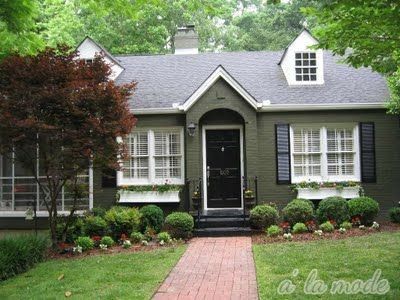 Exterior Brick House Colors, Exterior Shutter Colors, Painted Brick Ranch, Sage Green House, Brick House Colors, Green House Exterior, Exterior House Renovation, Best Exterior Paint, Painted Brick House