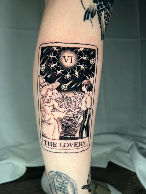 The Lovers Howls Moving Castle, Howls Moving Castle Tattoo Sleeve, Howl Tattoo Ghibli, Bowels Moving Castle Tattoo, Simple Howls Moving Castle Tattoo, Howls Moving Castle Tarot, Howl Tattoo Castle, Howls Moving Castle Matching Tattoos, Studio Ghibli Tarot Card Tattoo