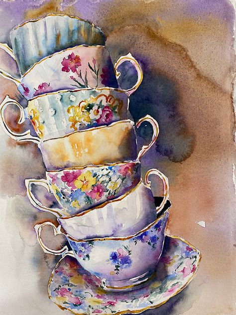 Watercolor Teacup, Tea Cup Drawing, Name Watercolor, Cups Ideas, Tea Cup Art, Coffee Watercolor, Art Deco Cards, Santa Paintings, Coffee Cup Art