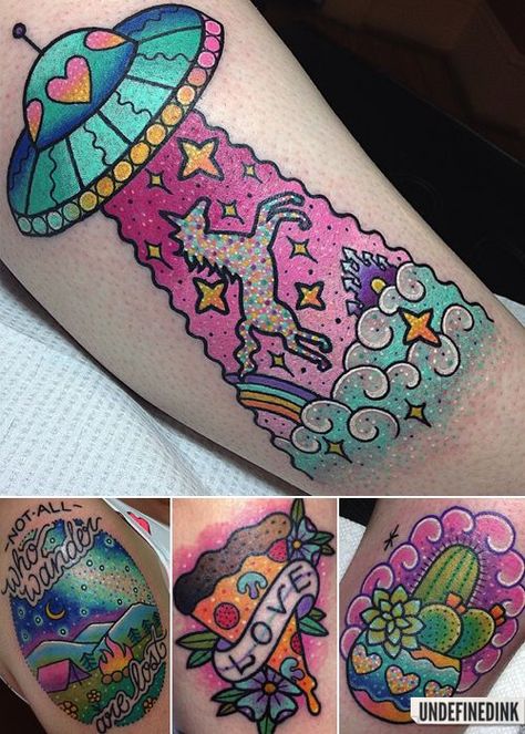 Unicorn Tattoo Designs, Ufo Tattoo, Colorful Tattoo, Petit Tattoo, Kunst Tattoos, Unicorn Tattoos, Alien Tattoo, Kawaii Tattoo, Tatuaje A Color