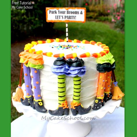 Park Your Brooms and Let's Party! CUTE Free Halloween Cake Tutorial by MyCakeSchool.com! Halloween Witch Cake, Witch Cake, Cake Halloween, Bakery Cupcakes, Dessert Halloween, Bolo Halloween, Halloween Punch, Halloween Fruit, Thanksgiving Desserts Easy