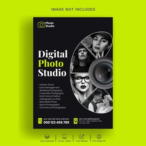 Professional photography studio flyer or... | Premium Vector #Freepik #vector #service #agency #studio #poster Graphic Design Portfolio Book, Magazine Design Cover, Professional Photography Studio, Poster Template Design, Brand Photography Inspiration, Flyer Printing, Portfolio Websites, Corporate Photography, Portfolio Book