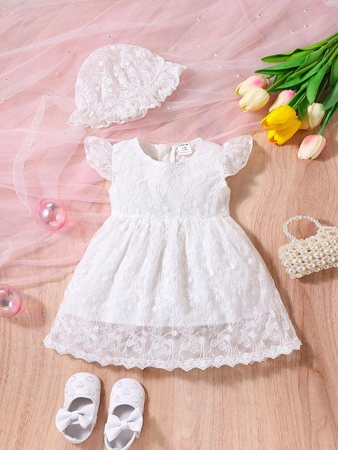 SHEIN Baby Girl Ruffle Trim Dress With HatI discovered amazing products on SHEIN.com, come check them out! Newborn Baby Dresses, Dress With Hat, White Baby Dress, Ruffle Trim Dress, Trim Dress, Baby Outfits Newborn, Kids Sleepwear, White Outfits