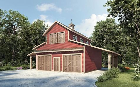 Garage Plan 58286 - 2 Car Garage Plan Rv Port, Barn Style Garage, Monitor Barn, Automotive Garage, 2 Car Garage Plans, Garage Workshop Plans, Garage Designs, Garage Apartment Plan, Farmhouse Garage