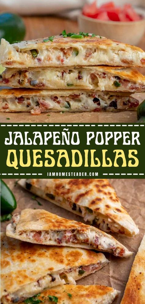 This quesadillas recipe is the best party snack you can offer! You'll taste the crunch of the jalapeno poppers in every bite, along with the cream cheese mixture and bacon. Don't miss this easy appetizer recipe! Quesadilla Recipes Easy, Poppers Recipe, Jalapeno Recipes, Jalapeno Popper, Party Snack, Cheesy Recipes, Best Party, Jalapeno Poppers, Idee Pasto Sano