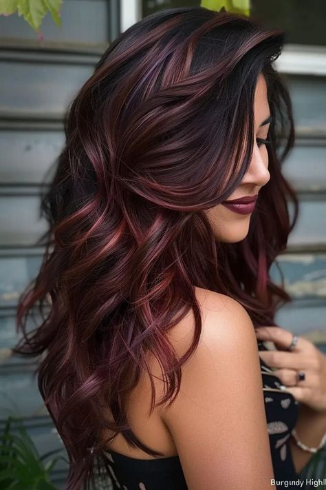 Discover 30 stunning fall hair colors, from rusty red to deep teal, perfect for adding warmth and style to your look this season. Bold Red Hair Color, Brown Blonde Burgundy Hair, Fall Hair One Color, Fall Hair Fashion Colors, Dark Brown Red Hair With Highlights, Fall Color Highlights Brunettes, Brown To Burgundy Hair, Brunette With Burgundy Highlights, Blonde To Burgundy Hair